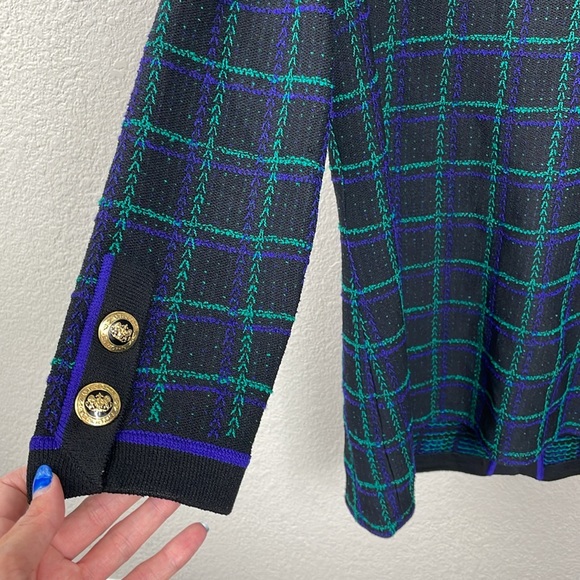 SOLD St John Signature Santana Knit Longline Cardigan Sweater Plaid Quiet Lux L - Picture 3 of 9